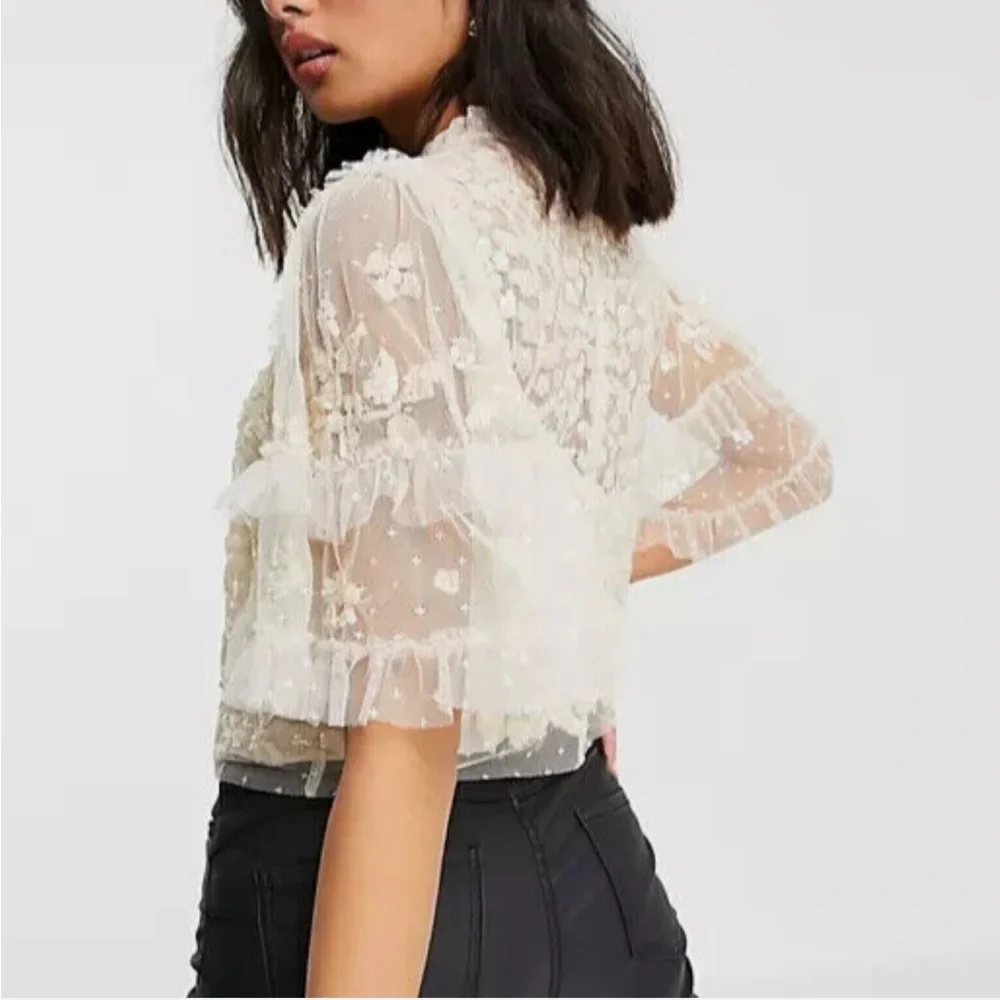 NEEDLE & THREAD Aurelia Sequin Embellished Top Natural Cream Ruffle Sheer Blouse - Picture 7 of 15